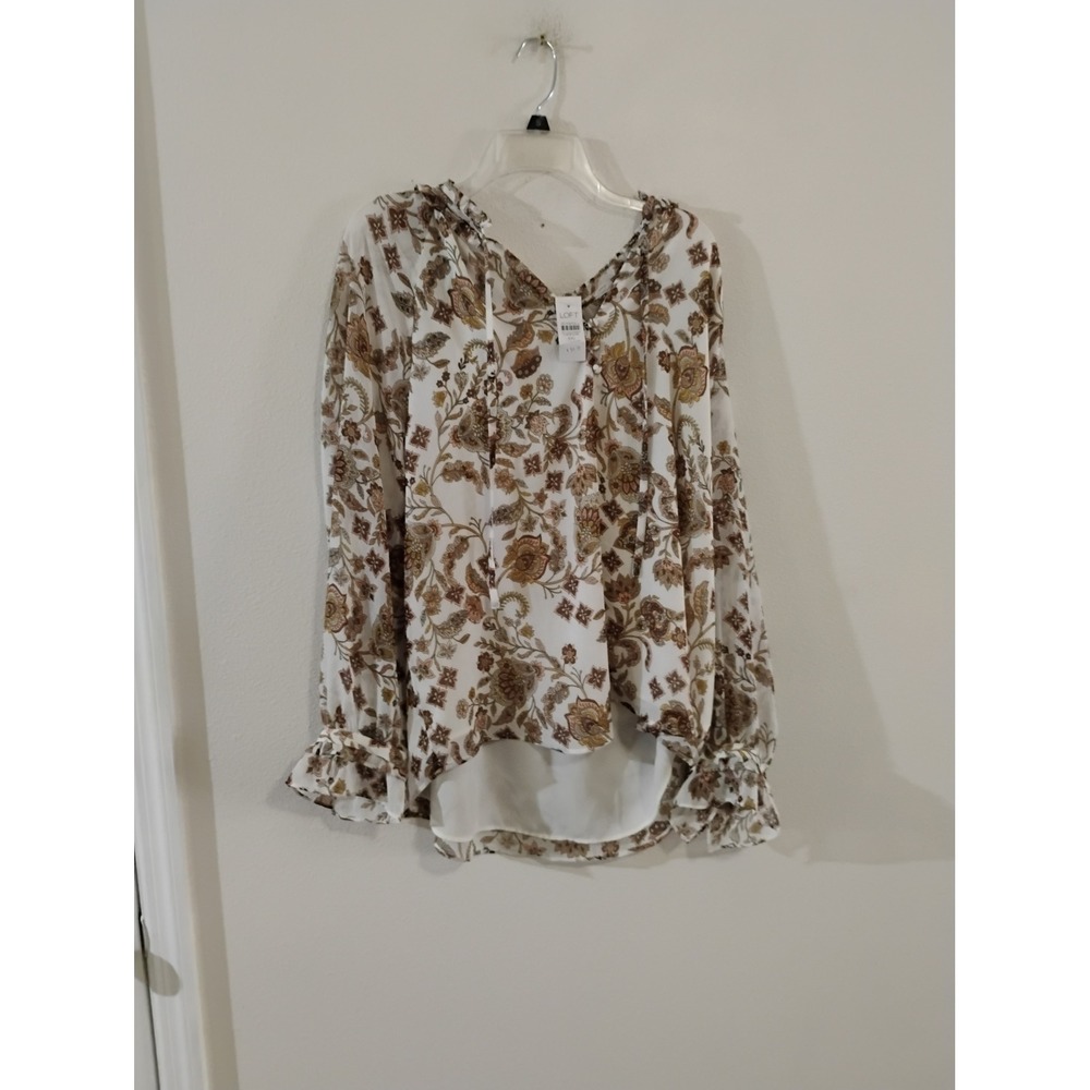 LOFT Womens XXL Floral Paisley Ruffle Tie Neck Blouse Long Sleeve White Brown